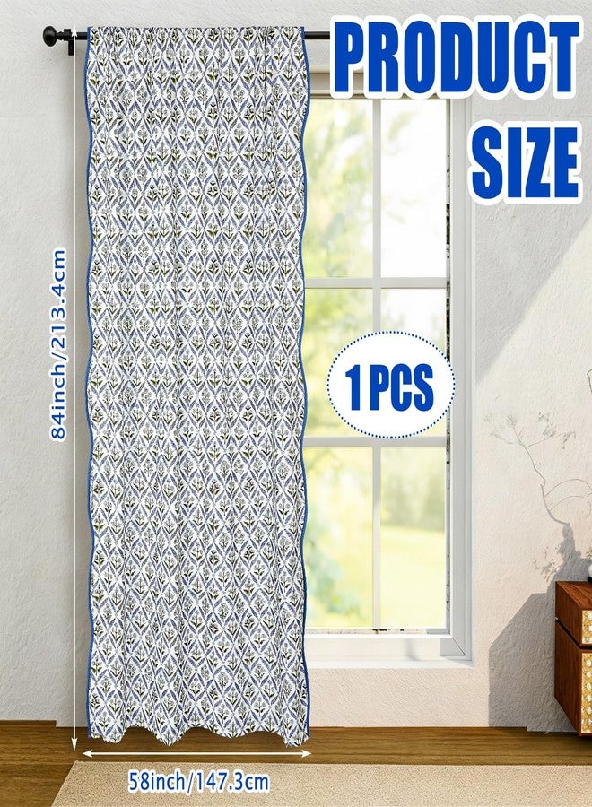Hahafelt 52 x 84 Inches Scalloped Block Print Curtain Floral Cotton Curtains Blue and Green Semi-sheer Farmhouse Boho Window Drapes for Bedroom Living Room Floral Patterned Country Window Panel, 1 Pcs - Image 2